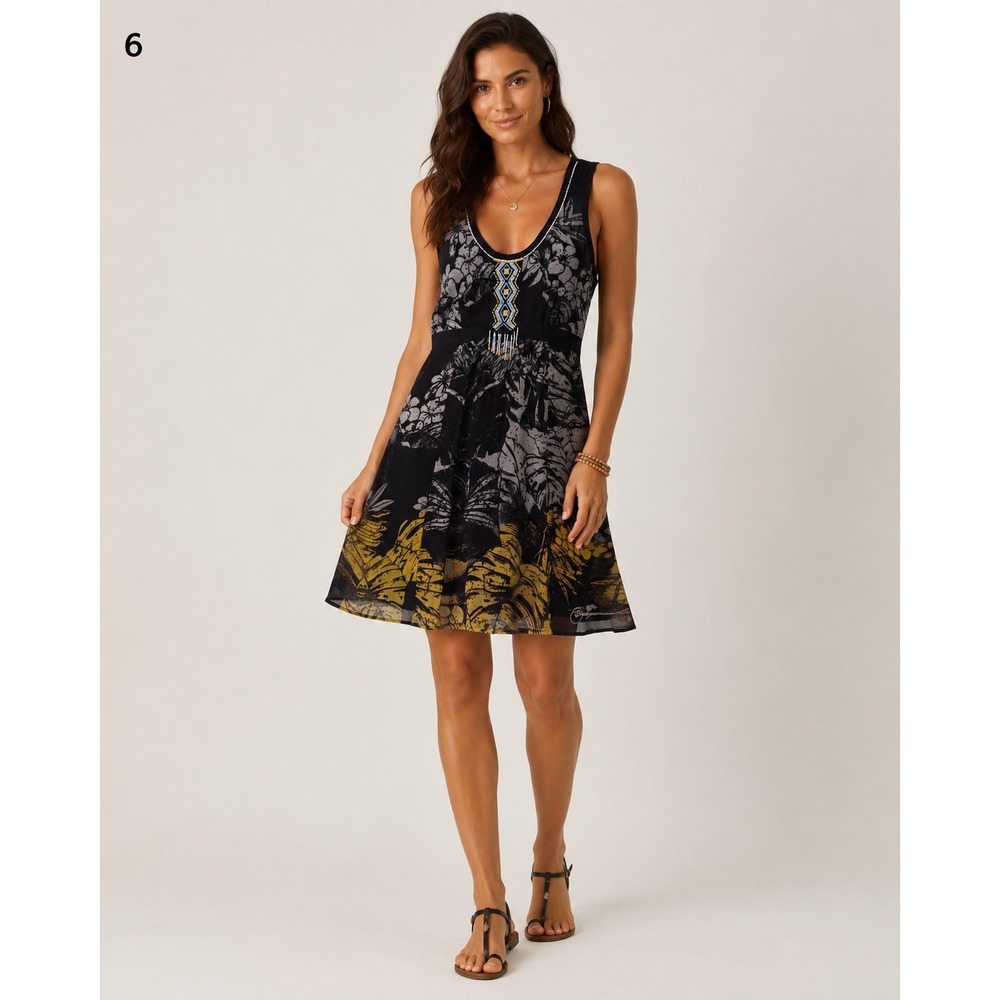 Desigual Dress Medium Black Floral Sleeveless Beaded Resortwear Festival Party
